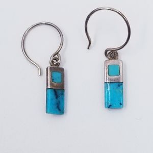 Vintage Sterling silver natural turquoise inlaid dainty dangle earrings signed